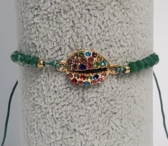 polly Bracelets B937 Sage Green Cord Bead Multi Color Rhinestone Shell Bracelet