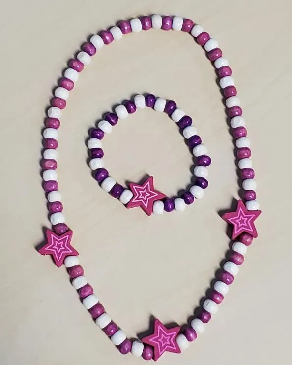 POLLY Bracelets L470 Pink Purple Star Wooden Necklace Bracelet Set