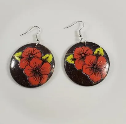 POLLY E1180 Blood Orange Hibiscus Flower Coconut Shell Wooden Earrings Earrings
