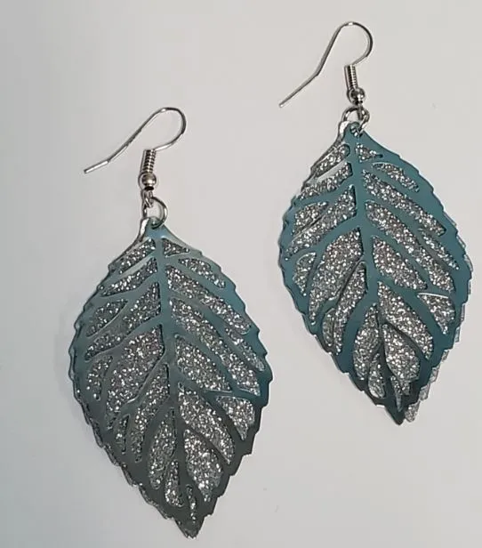 POLLY Earrings E84 Silver Glitter Metal Leaf Earrings