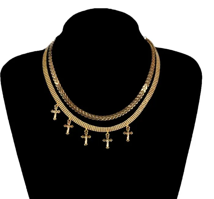POLLY N1671 Gold Double Layer Cross Choker Necklace with FREE Earrings Necklaces POLLY N1671 Gold Double Layer Cross Choker Necklace with FREE Earrings Necklaces