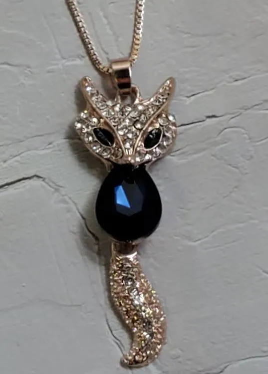 Polly Necklaces AZ390 Rose Gold Blue Gem Fox Necklace With FREE Earrings