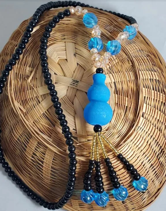 polly Necklaces AZ484 Blue Geometric Glass Long Bead Necklace With Free Earrings polly Necklaces AZ484 Blue Geometric Glass Long Bead Necklace With Free Earrings