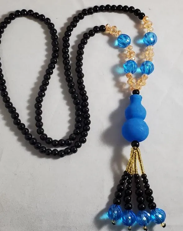 polly Necklaces AZ484 Blue Geometric Glass Long Bead Necklace With Free Earrings