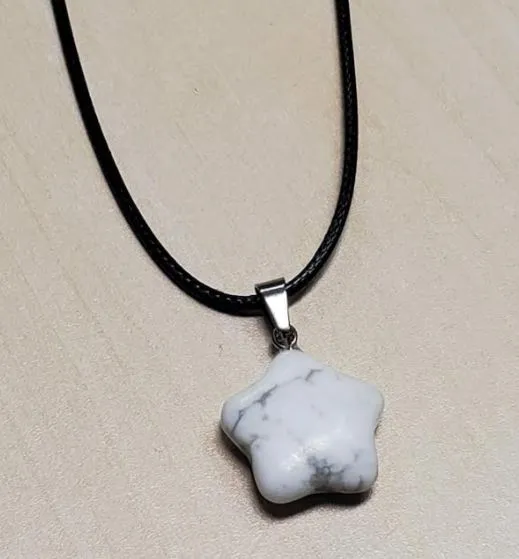 POLLY Necklaces N1474 White Marble Star Natural Quartz Stone on Leather Cord Necklace with FREE Earrings