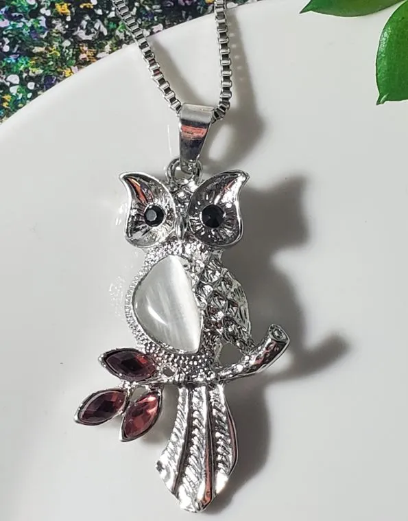 polly Necklaces N387 Silver Moonstone Burgundy Rhinestone Owl Necklace with FREE Earrings polly Necklaces N387 Silver Moonstone Burgundy Rhinestone Owl Necklace with FREE Earrings