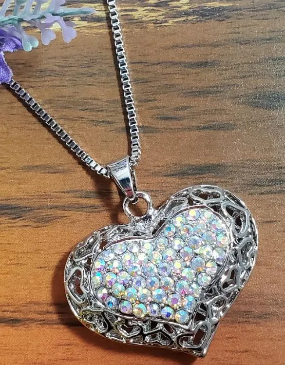 polly Necklaces N531 Silver Iridescent Rhinestone Funky Heart Necklace with Free Earrings