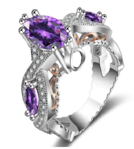 R334 Silver Multi Rhinestone Purple Gemstone Gold Accent Ring alice Rings