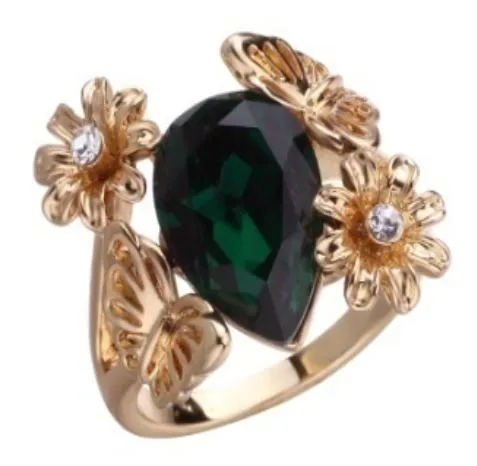 R657 Gold Green Gem Butterfly Flower Ring alice Rings