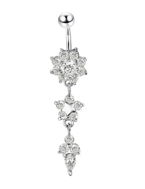 Rings 02 P85 Silver Flower Rhinestone Belly Button Ring