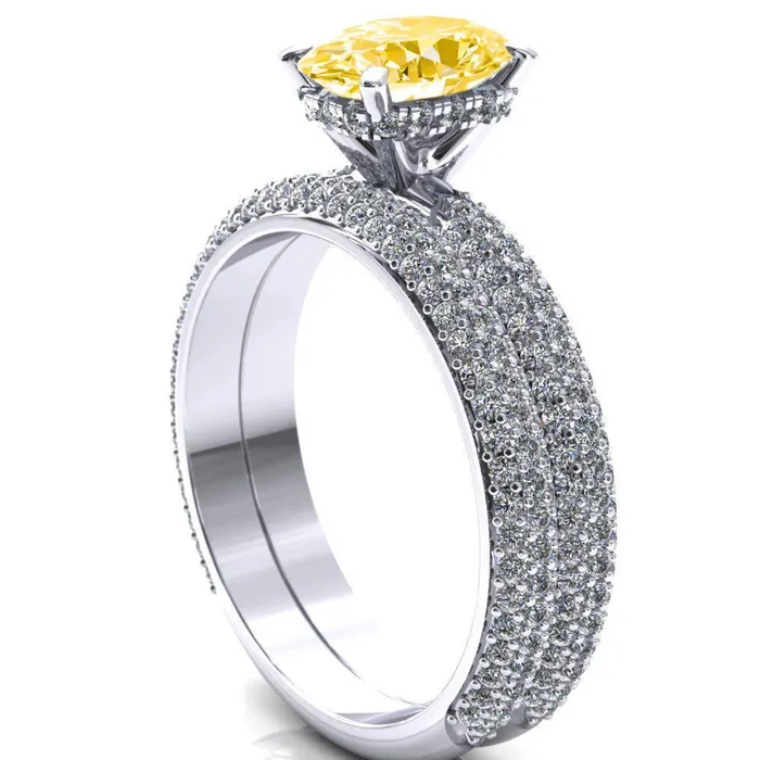 Rings Adina Oval Canary Yellow 4 Prong Diamond Accent Engagement Ring Fire Brilliance 
