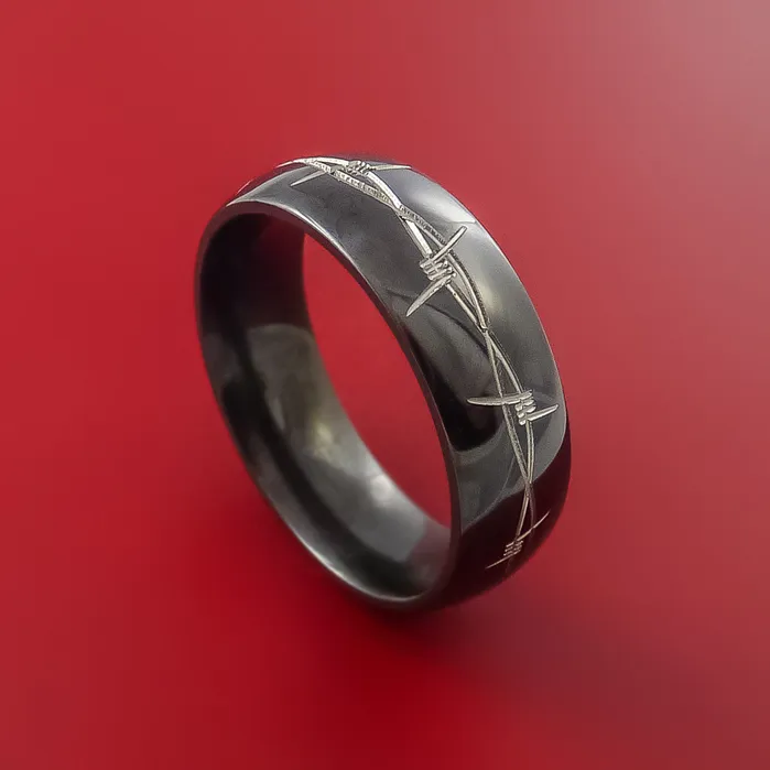 Rings Black Zirconium Ring with Barb Wire LaserEtched Design Inlay Custom Made Band Lashbrook Rings Black Zirconium Ring with Barb Wire LaserEtched Design Inlay Custom Made Band Lashbrook