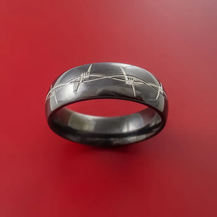 Rings Black Zirconium Ring with Barb Wire LaserEtched Design Inlay Custom Made Band Lashbrook Rings Black Zirconium Ring with Barb Wire LaserEtched Design Inlay Custom Made Band Lashbrook
