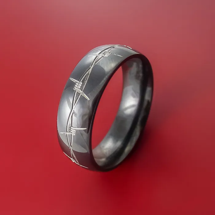 Rings Black Zirconium Ring with Barb Wire LaserEtched Design Inlay Custom Made Band Lashbrook Rings Black Zirconium Ring with Barb Wire LaserEtched Design Inlay Custom Made Band Lashbrook
