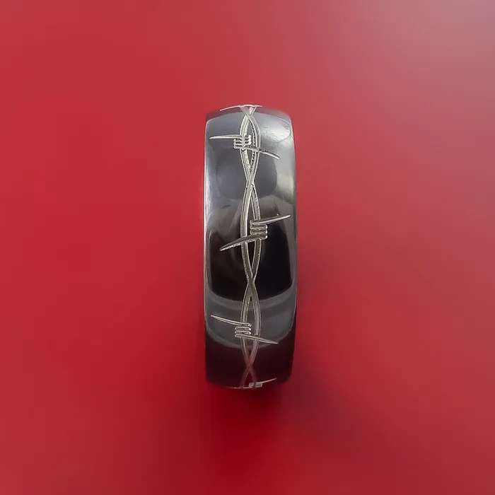 Rings Black Zirconium Ring with Barb Wire LaserEtched Design Inlay Custom Made Band Lashbrook Rings Black Zirconium Ring with Barb Wire LaserEtched Design Inlay Custom Made Band Lashbrook