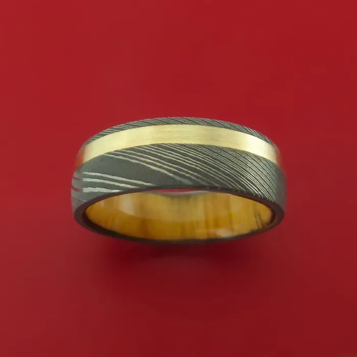 Rings Damascus Steel Ring with 14k Yellow Gold Inlay and Interior Hardwood Sleeve Custom Made Band Lashbrook Rings Damascus Steel Ring with 14k Yellow Gold Inlay and Interior Hardwood Sleeve Custom Made Band Lashbrook