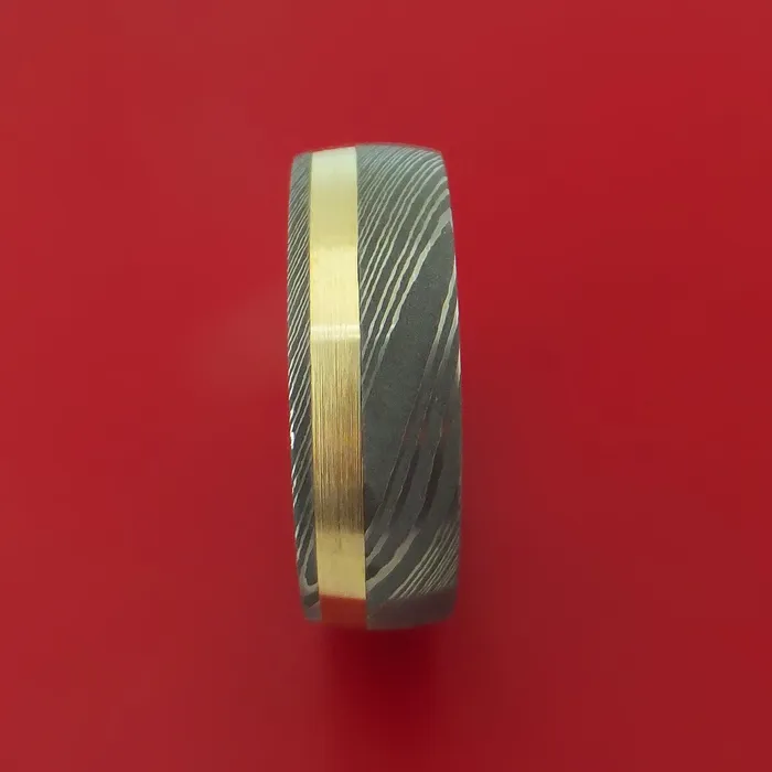 Rings Damascus Steel Ring with 14k Yellow Gold Inlay and Interior Hardwood Sleeve Custom Made Band Lashbrook Rings Damascus Steel Ring with 14k Yellow Gold Inlay and Interior Hardwood Sleeve Custom Made Band Lashbrook
