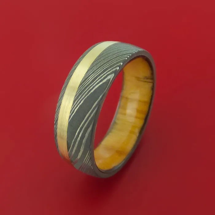 Rings Damascus Steel Ring with 14k Yellow Gold Inlay and Interior Hardwood Sleeve Custom Made Band Lashbrook Rings Damascus Steel Ring with 14k Yellow Gold Inlay and Interior Hardwood Sleeve Custom Made Band Lashbrook