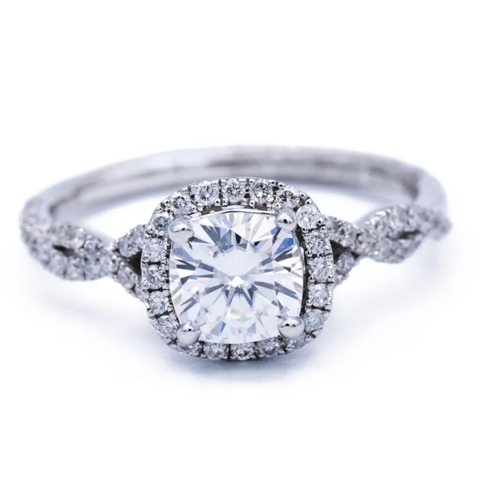 Rings Fire Brilliance 75mm Cushion Center 14K White Gold Infinite Band Halo MicroPave Diamond Ring Rings Fire Brilliance 75mm Cushion Center 14K White Gold Infinite Band Halo MicroPave Diamond Ring