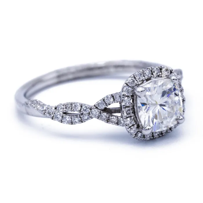 Rings Fire Brilliance 75mm Cushion Center 14K White Gold Infinite Band Halo MicroPave Diamond Ring