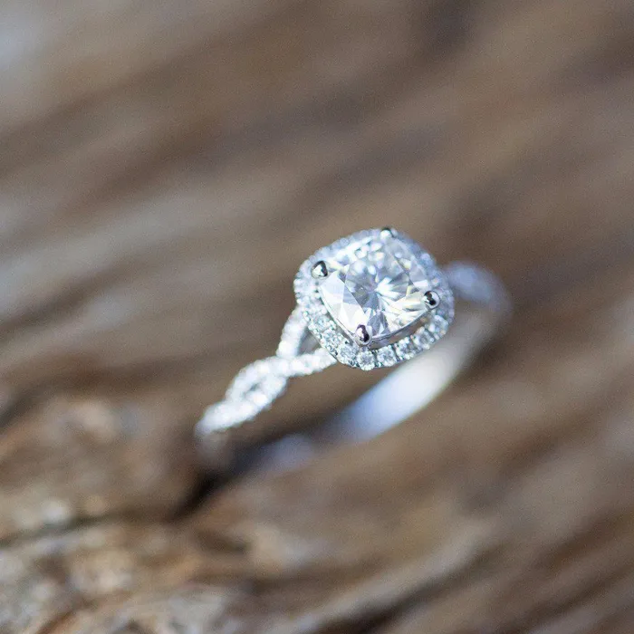 Rings Fire Brilliance 75mm Cushion Center 14K White Gold Infinite Band Halo MicroPave Diamond Ring