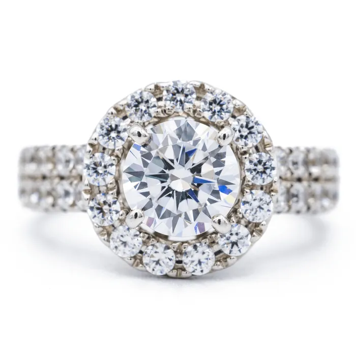Rings Fire Brilliance 8mm Round Center 14K White Gold Micropave Diamond Halo and Double Diamond Row Ring Rings Fire Brilliance 8mm Round Center 14K White Gold Micropave Diamond Halo and Double Diamond Row Ring