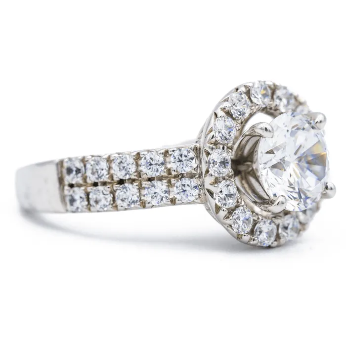 Rings Fire Brilliance 8mm Round Center 14K White Gold Micropave Diamond Halo and Double Diamond Row Ring