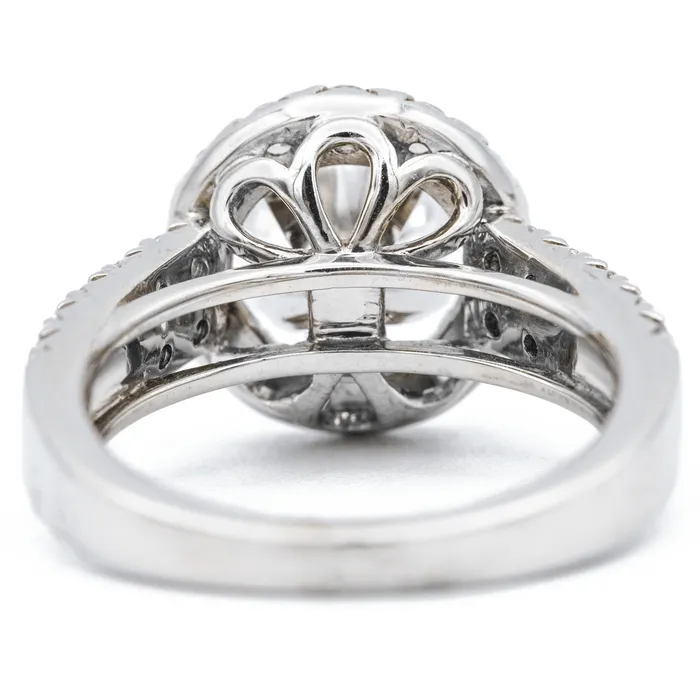 Rings Fire Brilliance 8mm Round Center 14K White Gold Micropave Diamond Halo and Double Diamond Row Ring