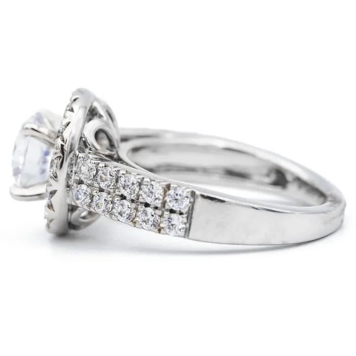 Rings Fire Brilliance 8mm Round Center 14K White Gold Micropave Diamond Halo and Double Diamond Row Ring