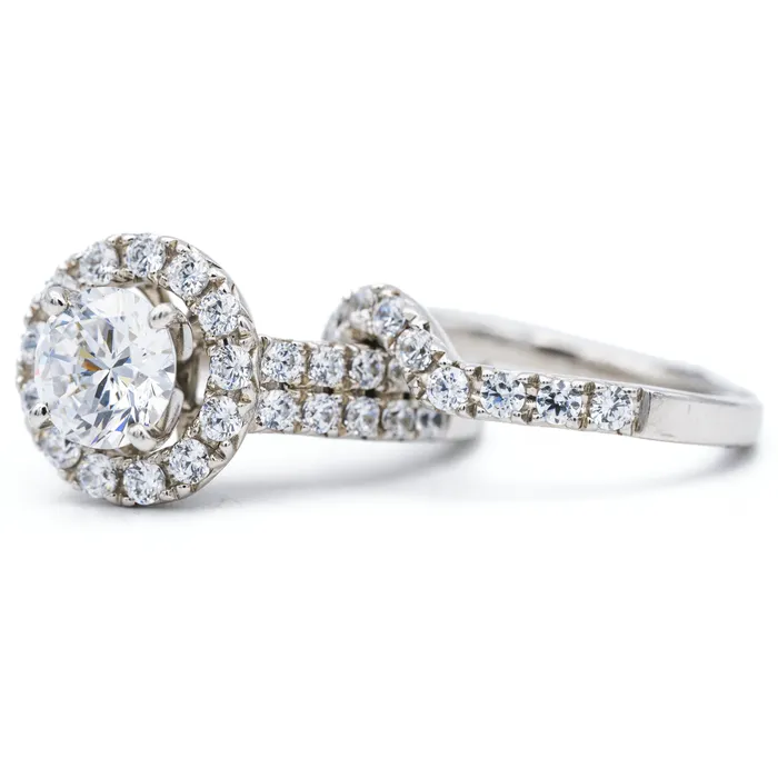 Rings Fire Brilliance 8mm Round Center 14K White Gold Micropave Diamond Halo and Double Diamond Row Ring