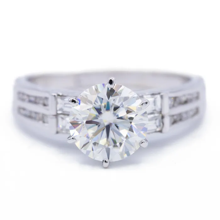 Rings Fire Brilliance 8mm Round Center Side Baguette Diamonds 18k White Gold Ring