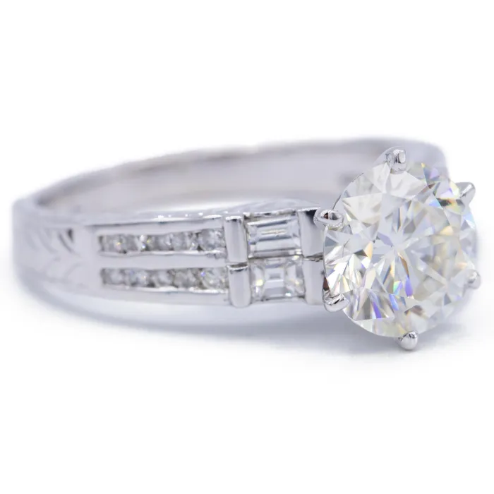 Rings Fire Brilliance 8mm Round Center Side Baguette Diamonds 18k White Gold Ring