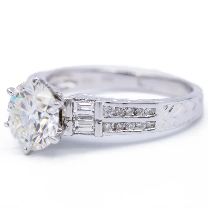 Rings Fire Brilliance 8mm Round Center Side Baguette Diamonds 18k White Gold Ring