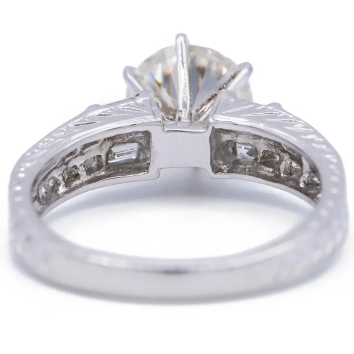 Rings Fire Brilliance 8mm Round Center Side Baguette Diamonds 18k White Gold Ring