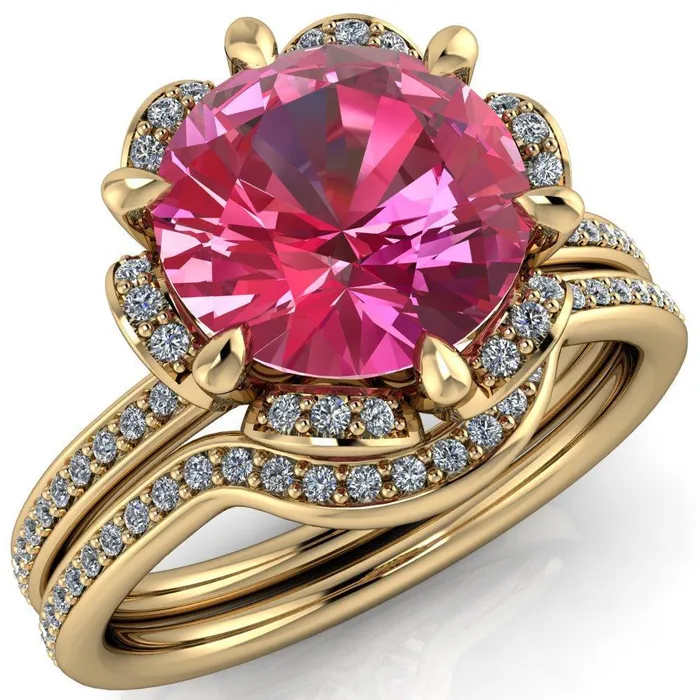 Rings Fire Brilliance Daisy Round Pink Sapphire Floral Diamond Basket Design and Diamond Shoulders Ring Rings Fire Brilliance Daisy Round Pink Sapphire Floral Diamond Basket Design and Diamond Shoulders Ring