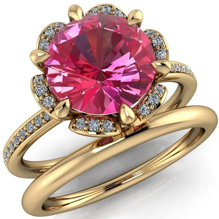 Rings Fire Brilliance Daisy Round Pink Sapphire Floral Diamond Basket Design and Diamond Shoulders Ring