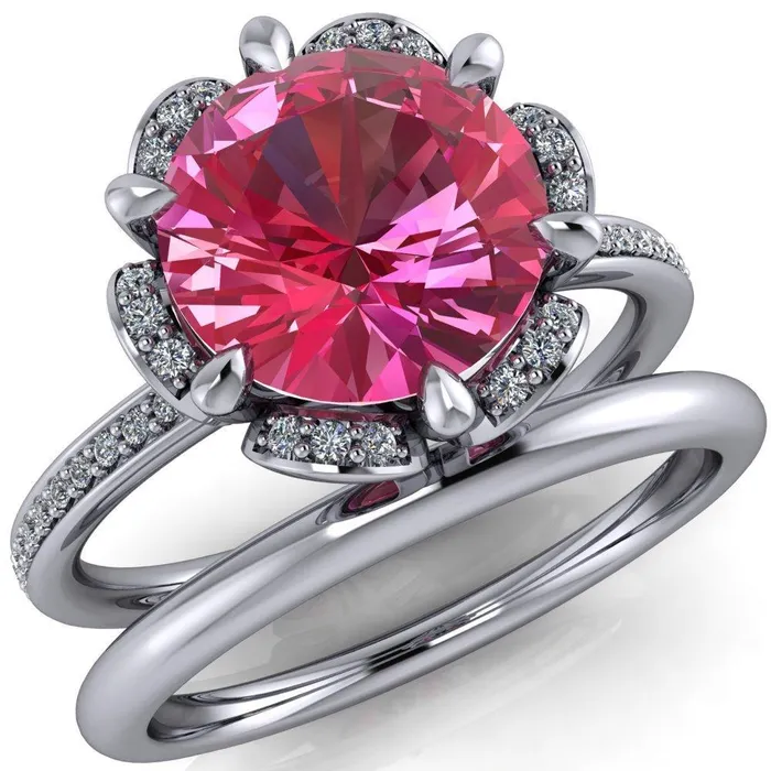 Rings Fire Brilliance Daisy Round Pink Sapphire Floral Diamond Basket Design and Diamond Shoulders Ring