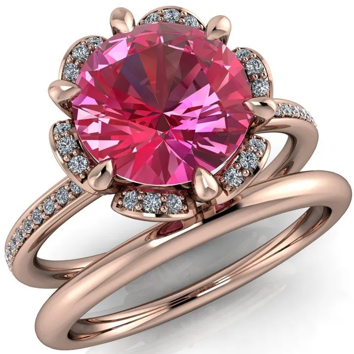 Rings Fire Brilliance Daisy Round Pink Sapphire Floral Diamond Basket Design and Diamond Shoulders Ring