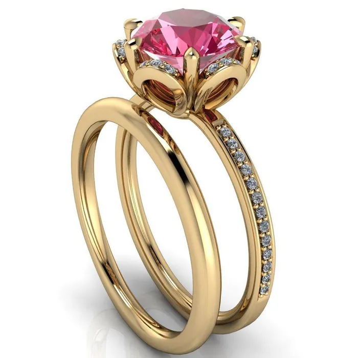 Rings Fire Brilliance Daisy Round Pink Sapphire Floral Diamond Basket Design and Diamond Shoulders Ring