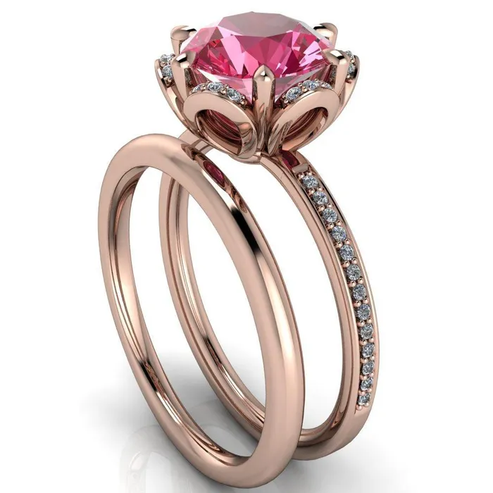 Rings Fire Brilliance Daisy Round Pink Sapphire Floral Diamond Basket Design and Diamond Shoulders Ring
