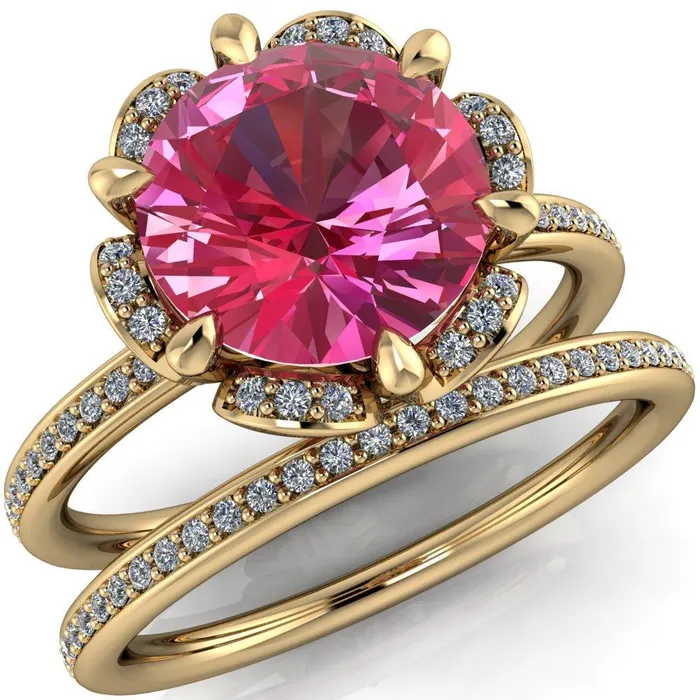 Rings Fire Brilliance Daisy Round Pink Sapphire Floral Diamond Basket Design and Diamond Shoulders Ring