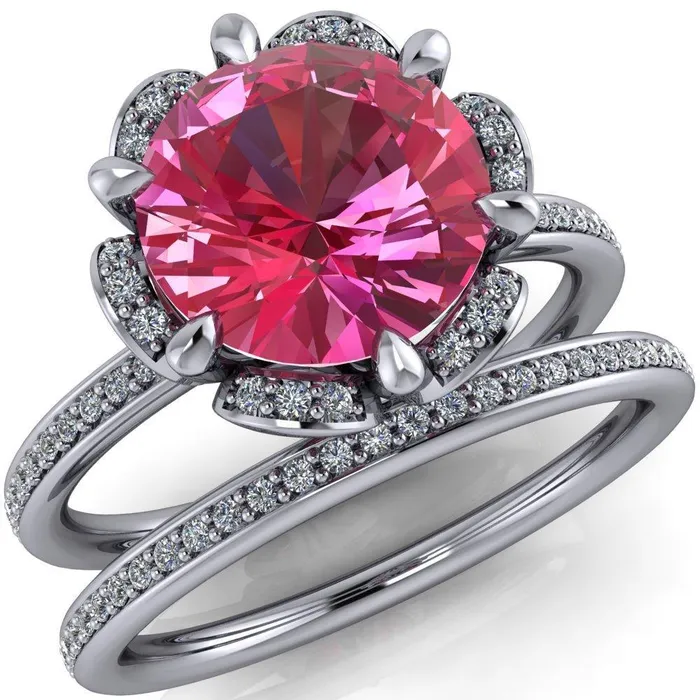 Rings Fire Brilliance Daisy Round Pink Sapphire Floral Diamond Basket Design and Diamond Shoulders Ring