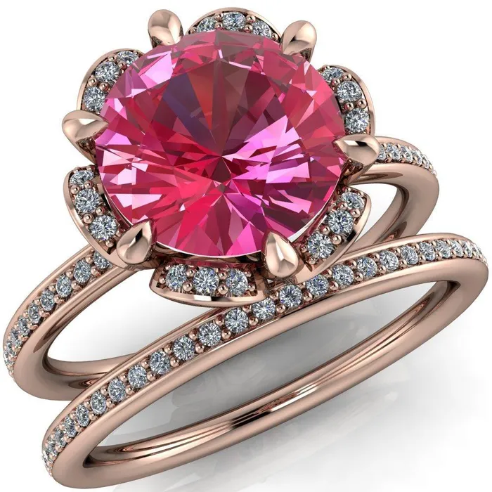 Rings Fire Brilliance Daisy Round Pink Sapphire Floral Diamond Basket Design and Diamond Shoulders Ring