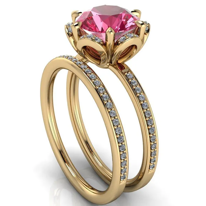 Rings Fire Brilliance Daisy Round Pink Sapphire Floral Diamond Basket Design and Diamond Shoulders Ring