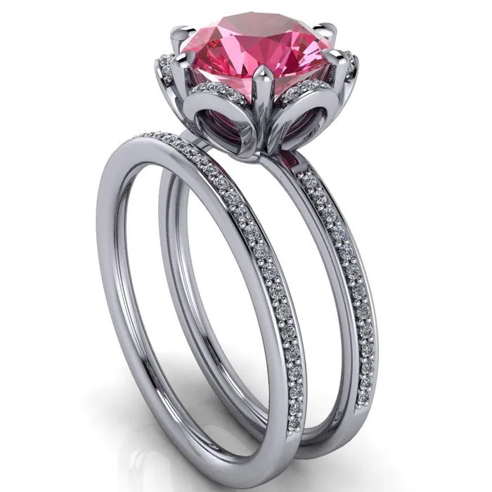 Rings Fire Brilliance Daisy Round Pink Sapphire Floral Diamond Basket Design and Diamond Shoulders Ring