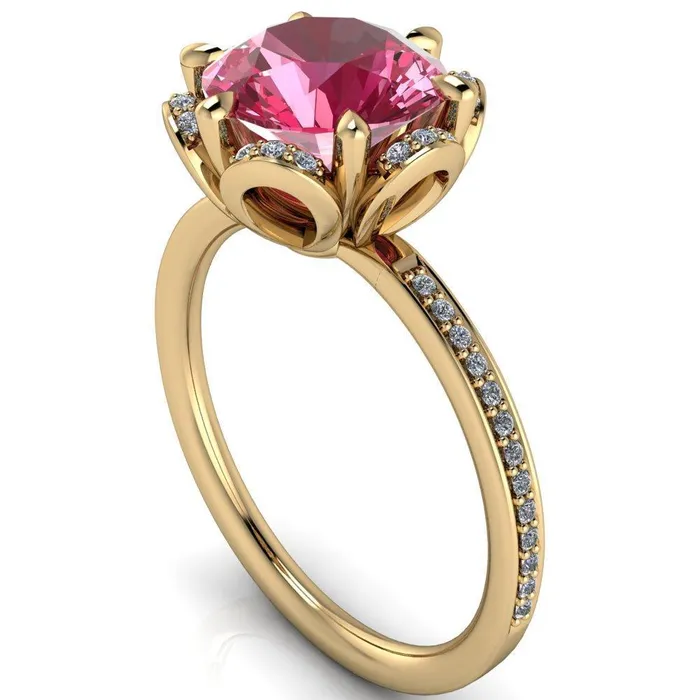 Rings Fire Brilliance Daisy Round Pink Sapphire Floral Diamond Basket Design and Diamond Shoulders Ring