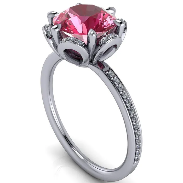 Rings Fire Brilliance Daisy Round Pink Sapphire Floral Diamond Basket Design and Diamond Shoulders Ring
