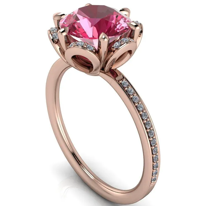 Rings Fire Brilliance Daisy Round Pink Sapphire Floral Diamond Basket Design and Diamond Shoulders Ring
