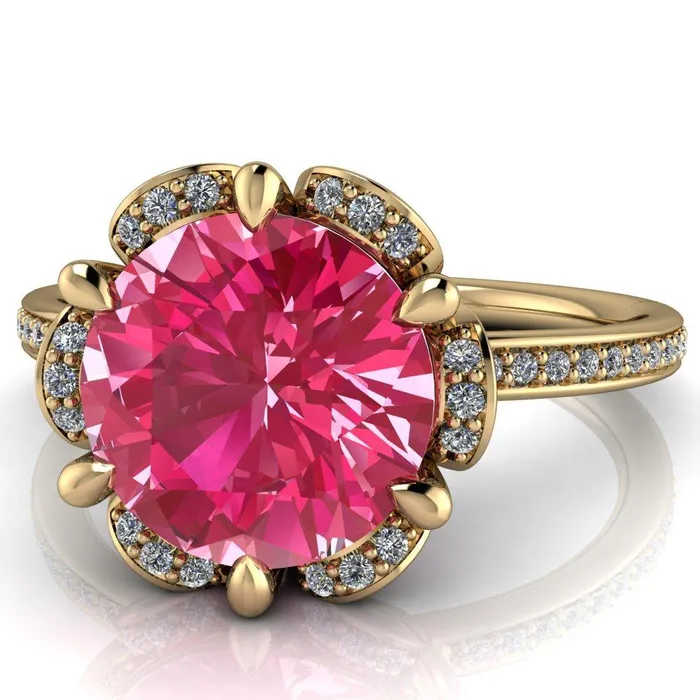 Rings Fire Brilliance Daisy Round Pink Sapphire Floral Diamond Basket Design and Diamond Shoulders Ring