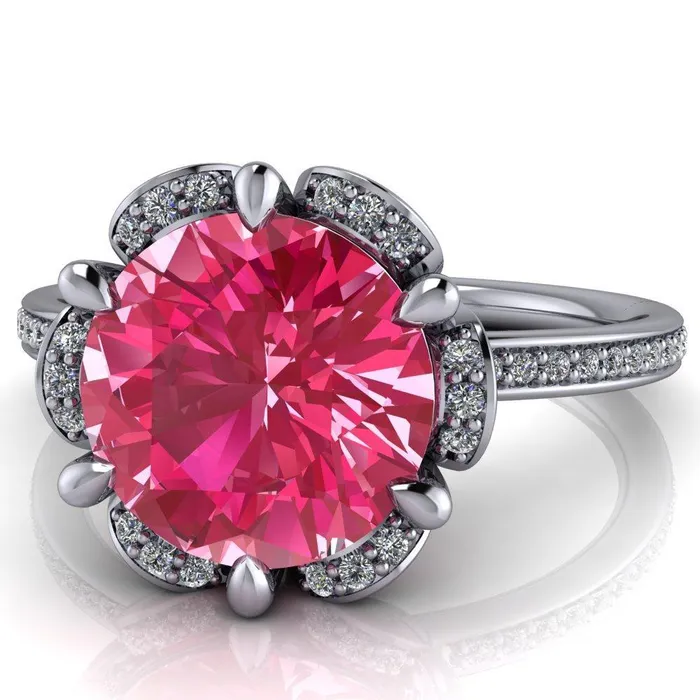 Rings Fire Brilliance Daisy Round Pink Sapphire Floral Diamond Basket Design and Diamond Shoulders Ring